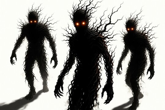 Three shadowy figures with glowing red eyes stand against white background. Bodies made of dark, swirling tendrils suggesting otherworldly nature manifestation of fear. Appear menacing, threatening.