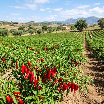 Red Chili Pepper Plants Growing in Symmetrical Field Rows Against Mountain Landscape.