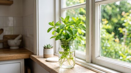 Fototapeta premium Fresh mint plant rooting in glass jar by window, propagation, healthy green herbs growing indoors, natural kitchen decoration, sustainable lifestyle, gardening hobby
