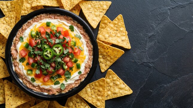 A layered dip with cheese, tomatoes, jalapenos, and cilantro is served with tortilla chips arranged around it on a dark surface. This savory appetizer is perfect for parties or gatherings.