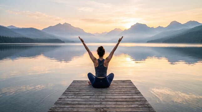 Yoga pose at sunrise on lake dock, scenic mountain landscape reflection, morning meditation by water, spiritual awakening, travel and adventure destination, serene nature