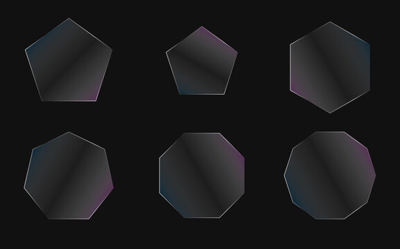 Futuristic dark glass geometric polygonal shapes set with glossy iridescent edges for modern web page design