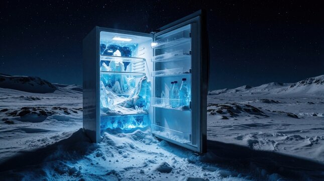 Open refrigerator glows with blue ice inside its frozen interior. Appliance sits in snowy Arctic landscape under starry night sky. Cold food storage unit is fully stocked.