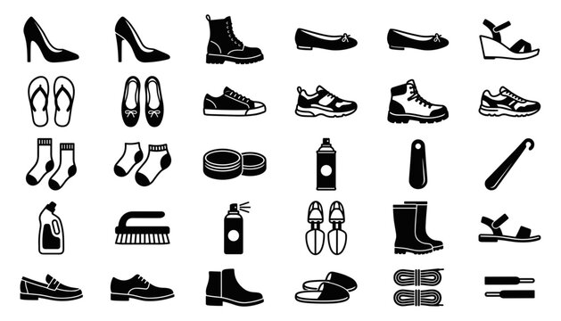 Footwear fashion collection and shoe care accessories solid glyph icon set featuring boots sneakers heels polish brush items
