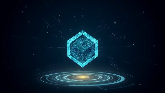 Futuristic blue glowing blockchain hologram cube floating over a technological circular platform in dark cyber space