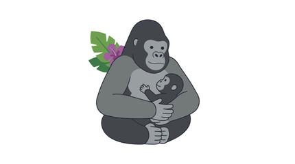 Flat vector illustration of mother gorilla holding baby gorilla