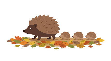 Hedgehog family walking on autumn leaves vector illustration