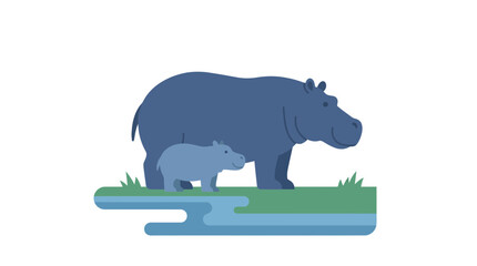 Minimalist flat vector illustration of hippopotamus family by river bank