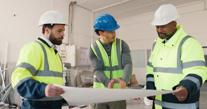 Document, blueprint and planning with construction team, people or layout for maintenance project. Paper, building design and men talking with engineer, explain schematic and collaboration at site