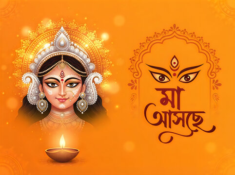 Durga puja illustration with goddess durgas face and bengali text ma ashche mother is coming on orange background with diya