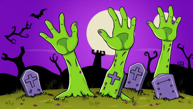 Cartoon illustration of three green zombie hands rising from graves in a spooky graveyard under a full moon on a purple night background for halloween celebration