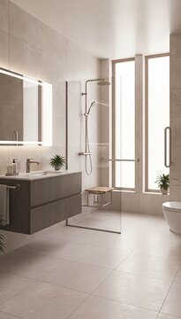 Salle de bain moderne et luxueuse accessible avec douche &agrave; l&rsquo;italienne et conception universelle, accessible con&ccedil;u pour les personnes en fauteuil roulant et &agrave; mobilit&eacute; r&eacute;duite