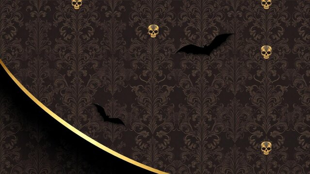 Seamless gothic damask pattern with golden skulls and black bats, elegant dark victorian wallpaper background for halloween design, luxury ornate floral texture with spooky elements