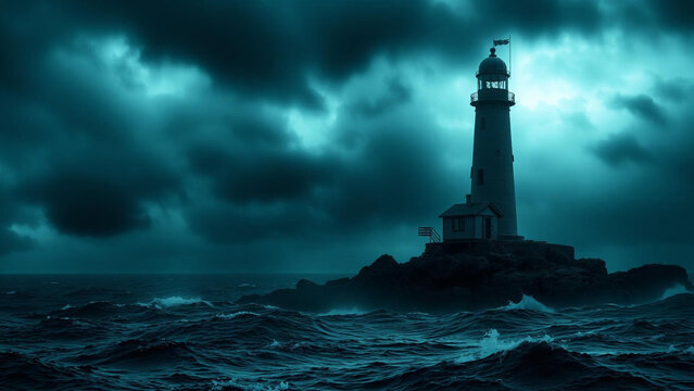 A solitary lighthouse stands on a rocky island amidst a turbulent, stormy sea under a dark, dramatic, and moody tealtoned sky, capturing a sense of isolation and resilience