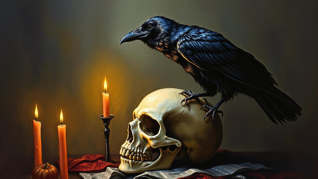 A gothic still life composition featuring a black raven perched atop a human skull, accompanied by lit candles and a small pumpkin on a dark, moody table setting
