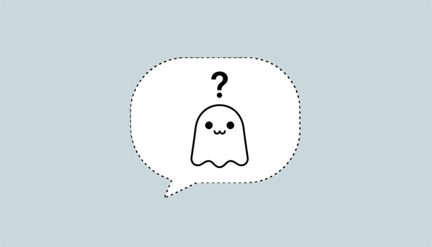 Dotted speech bubble containing a cute little ghost icon with a question mark on a soft grey background.