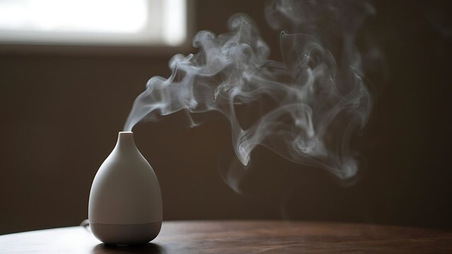 Minimalist white ceramic aroma diffuser releasing gentle steam mist on wooden table in dark room for spa wellness and relaxation