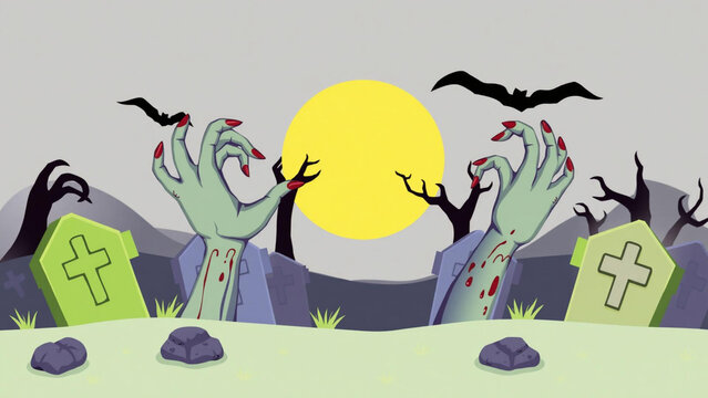 Spooky halloween background with zombie hands rising from graves, yellow full moon, bats, and tombstones in a dark cemetery, perfect for festive holiday designs and party invitations