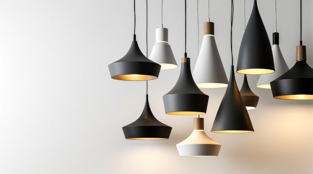 Various sleek, contemporary hanging lamps in black, grey shades hang against clean white backdrop. Modern lighting fixtures, minimalist interior design elements, stylish pendant lights showcase