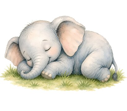 watercolor illustration of a sleepy baby elepant on a pure white background