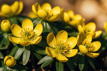 Fototapeta premium Yellow winter aconite flowers bloom in green garden. Close up macro shot shows bright eranthis hyemalis blossoms with green leaves. Early spring seasonal flora grows in nature park meadow during