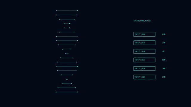 Digital dna helix model with fluctuating data values on dark background motion clip.