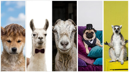 Naklejka premium Collage of funny expressive animals in humorous poses and outfits