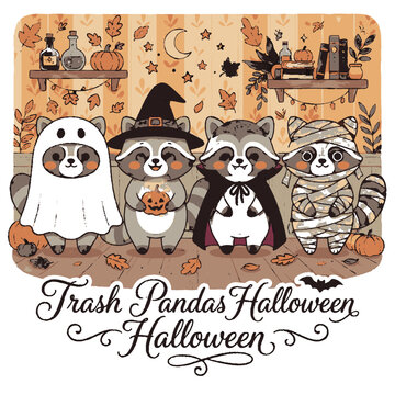 Cute Raccoons in Halloween Costumes Vector Illustration for Autumn Holiday Celebration