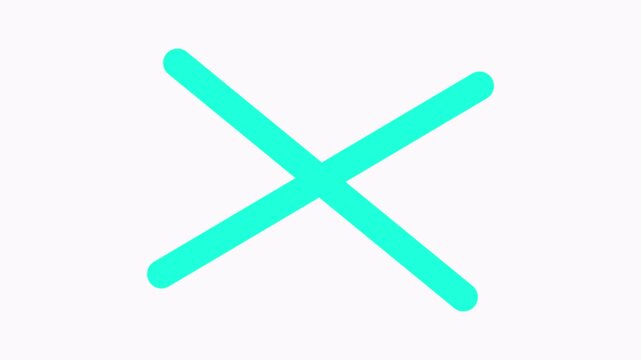 incorrect wrong answer no entry cross with diagonal strokes and rounded corners animating on and off the screen with plain black background that can be made invisible using screen blend mode 4K
