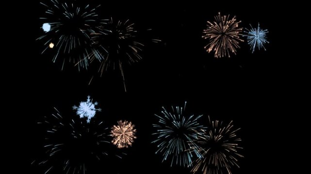 Colorful fireworks exploding and sparkling in the night sky. Perfect for celebration, holiday, New Year and festive event video projects.