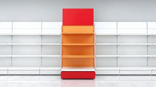 Red header retail display with orange shelves in supermarket gondola