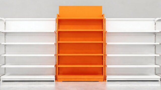 Wide supermarket gondola with orange promotional center shelving