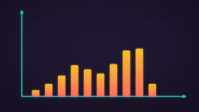 Animated bar chart showing financial growth profit increase with line trend arrow on dark background for business data