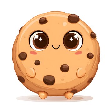 Cute kawaii baby chocolate chip cookie clip art, tiny round cookie character, golden brown pastel biscuit, oversized sparkling eyes.
