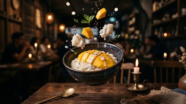 Mango sticky rice dessert levitates with floating fruit pieces in a cozy restaurant.