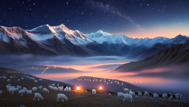 Panoramic Alpine Mountain View At Dawn With Snow Covered Ridges Soft Mist In Valley Starry Sky Constellations Glowing Oil Lamps And Herd Of Sheep On Hillside