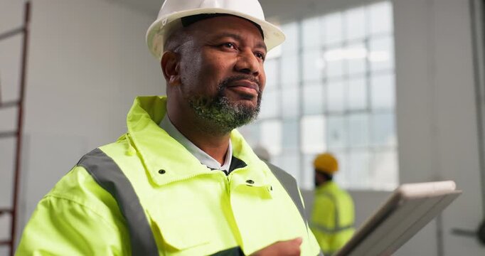 Architect, man or thinking with tablet at construction site, building progress or design evaluation. Tech, mature person or project manager with smile, development solution or architecture inspection