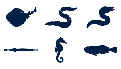 Fototapeta premium Marine Life and Deep Sea Fish Silhouette Icon Set Featuring Stingray Seahorse and Eel Symbols for Ocean Nature Conservation and Graphic Design Projects