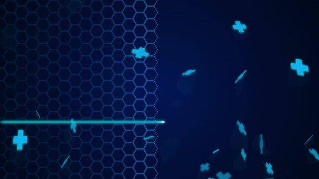 Medical background with heartbeat pulse line and blue floating cross icons animation.