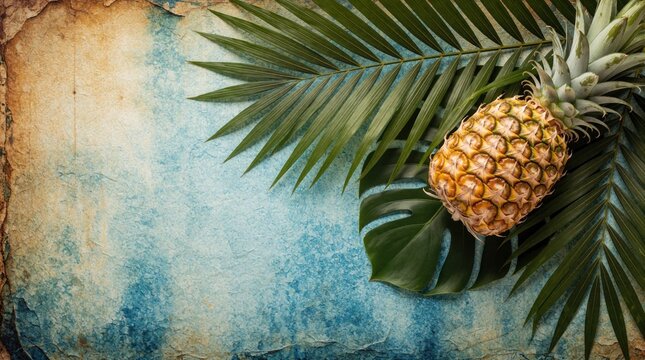 Pineapple rests on lush palm and monstera leaves. Textured blue background with aged paper effect provides summer vacation vibe. Use for design, decor, or tropical themes.