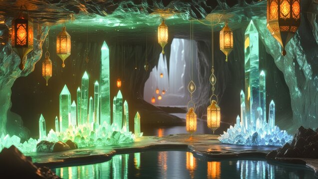 Surreal Hidden Fantasy Grotto Featuring Giant Glowing Green And Blue Crystal Clusters Hanging Warm Brass Lanterns And Calm Pool With Cavern Arch Entrance
