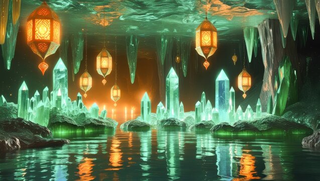 Mystic Underground Cavern With Huge Glowing Mint Green Crystal Formations Icicle Stalactites Still Lake Reflection And Floating Warm Arabic Lanterns
