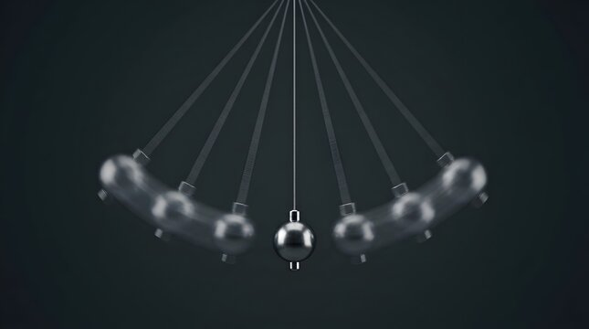 Metallic pendulum balls swinging in motion on dark background