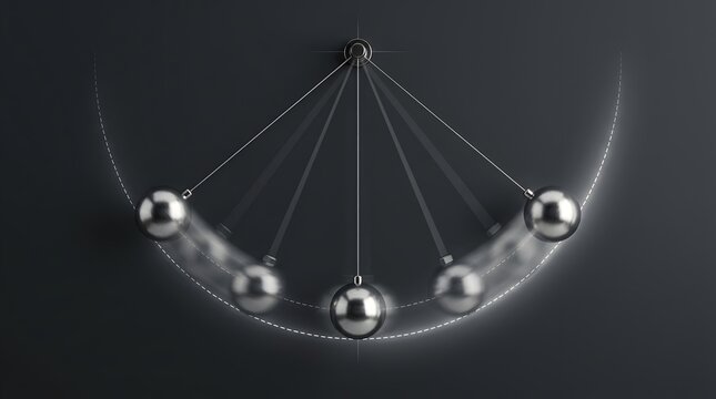 Metal pendulum swinging in a motion blur arc on dark background