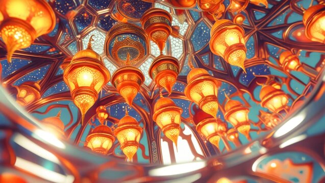 Surreal Low Angle Perspective Of Multiple Glowing Orange Lanterns Floating Inside An Ornate Openwork Filigree Architectural Dome At Starry Night Sky Background