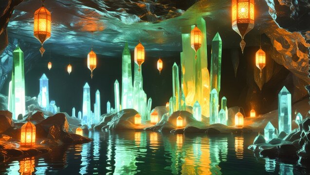 Magical Underground Fantasy Cave With Glowing Emerald Green Mineral Crystals Serene Water Pond Reflections And Warm Hanging Arabic Lanterns In Mystical Cavern