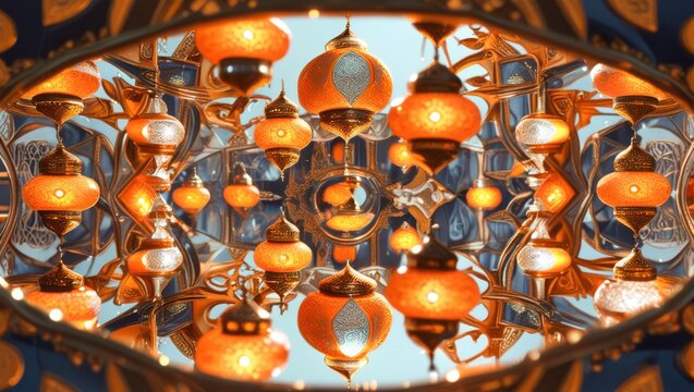 Symmetrical Kaleidoscope Mandala Pattern Of Glowing Orange Glass Lanterns And Intricate Brass Metal Filigree Ornaments Arabian Night Geometric Ceiling Lighting Design