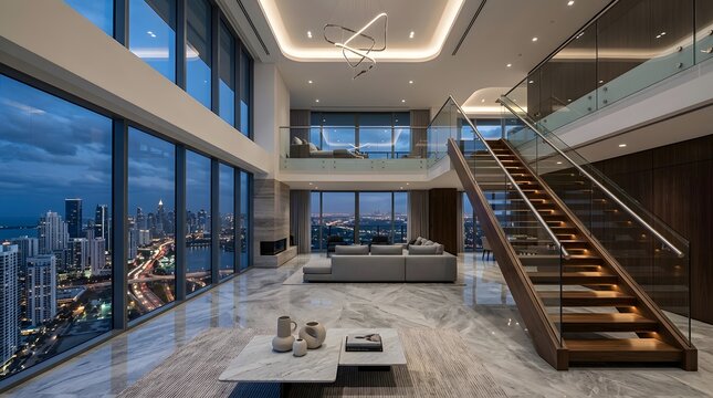 Modern luxury penthouse interior with city skyline view at night