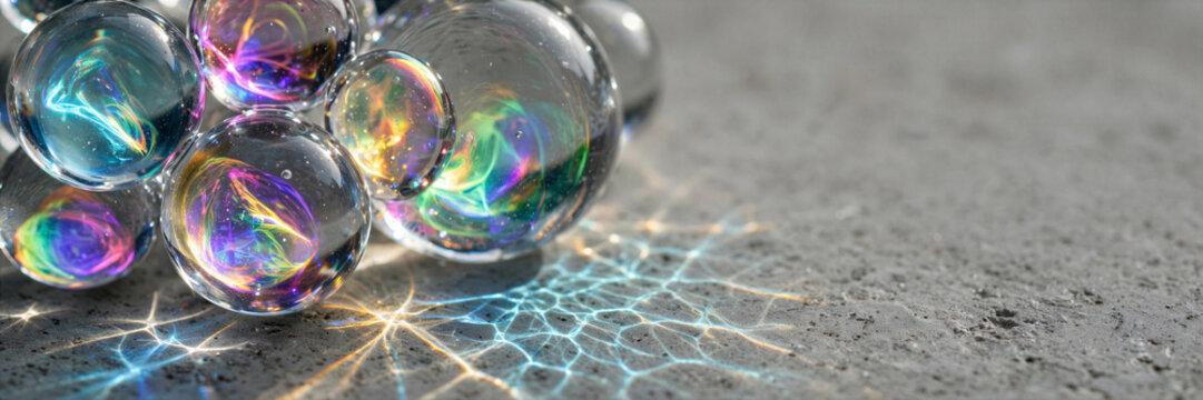 Glass spheres with inner holographic glow and caustic light reflections on concrete surface photo