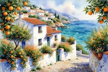 Naklejka premium Watercolor painting shows whitewashed mediterranean village with orange trees by bright blue sea. Homes climb hillside, rich plants surrounds path.